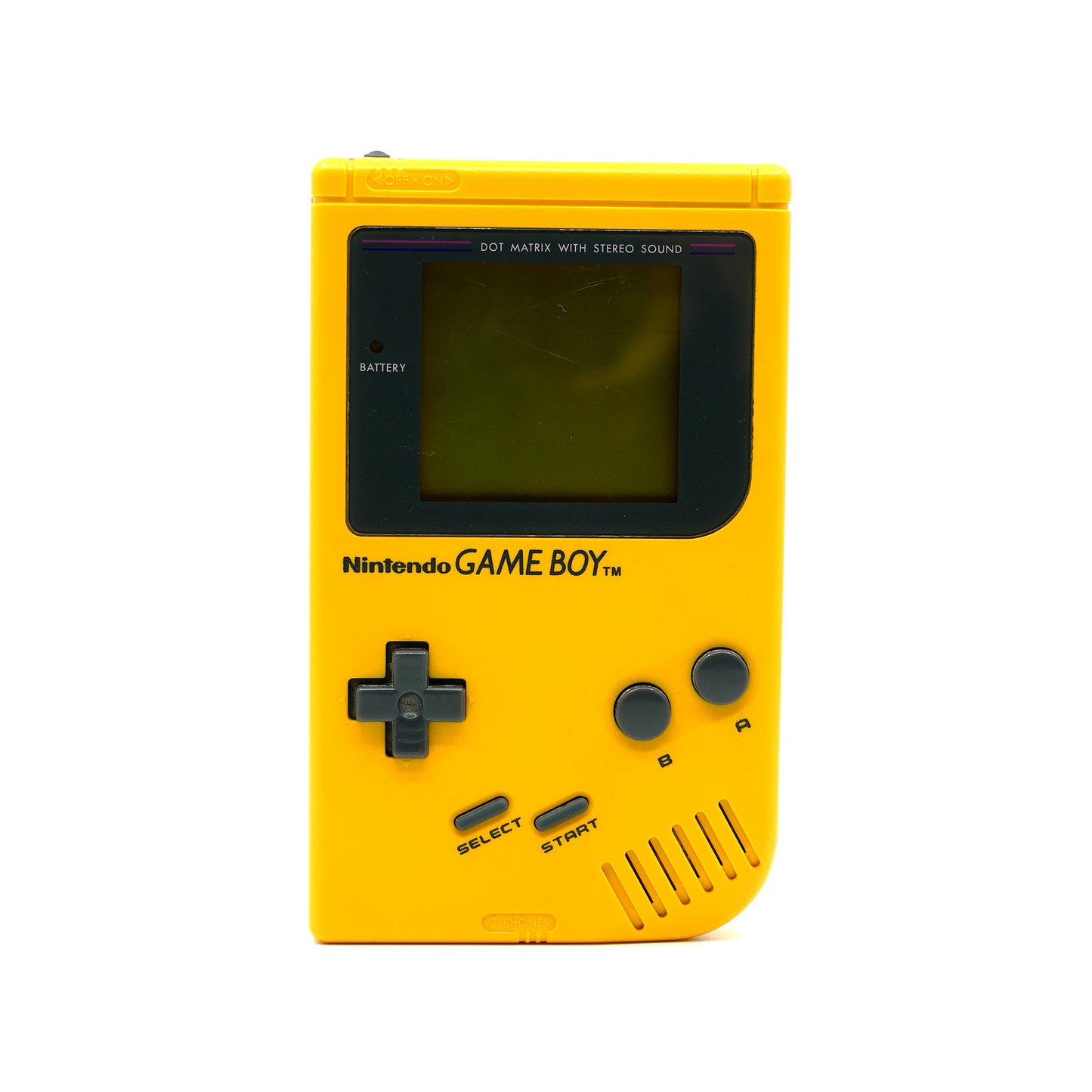 Gelber Game Boy Classic mit schwarzen Buttons - Vorderseite