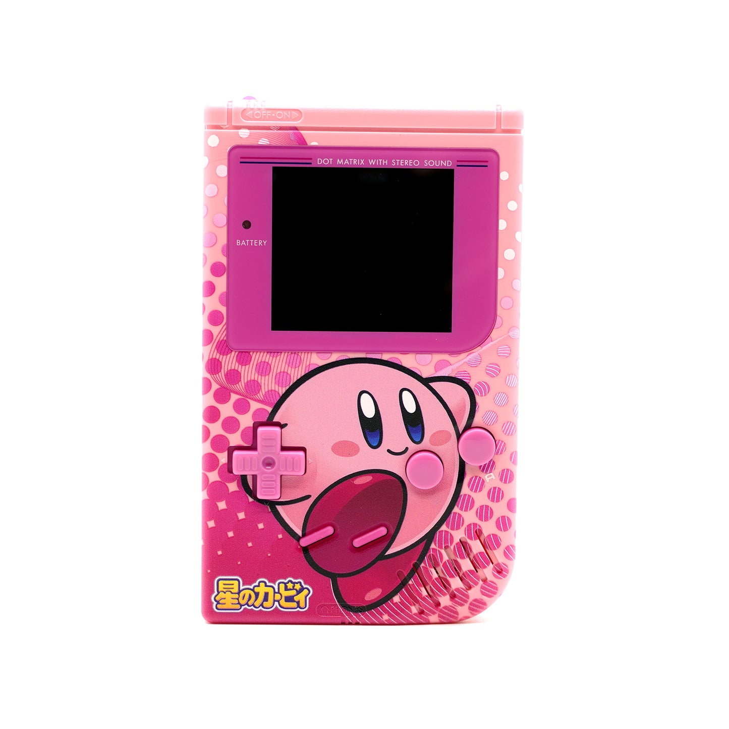 Gemoddeter Game Boy Classic mit rosa Kirby Gehäuse und rosa Buttons. Kirby hinter Buttons abgebildet - Vorderseite
