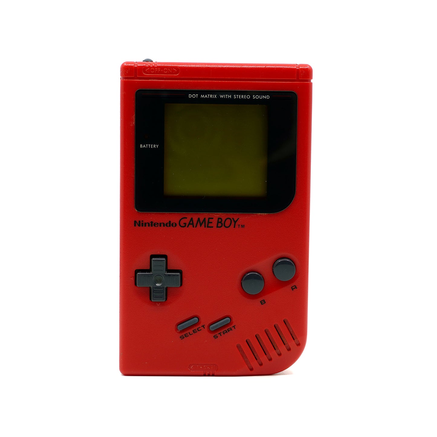 Roter Game Boy Classic mit schwarzen Buttons in gebrauchtem Zustand - Vorderseite