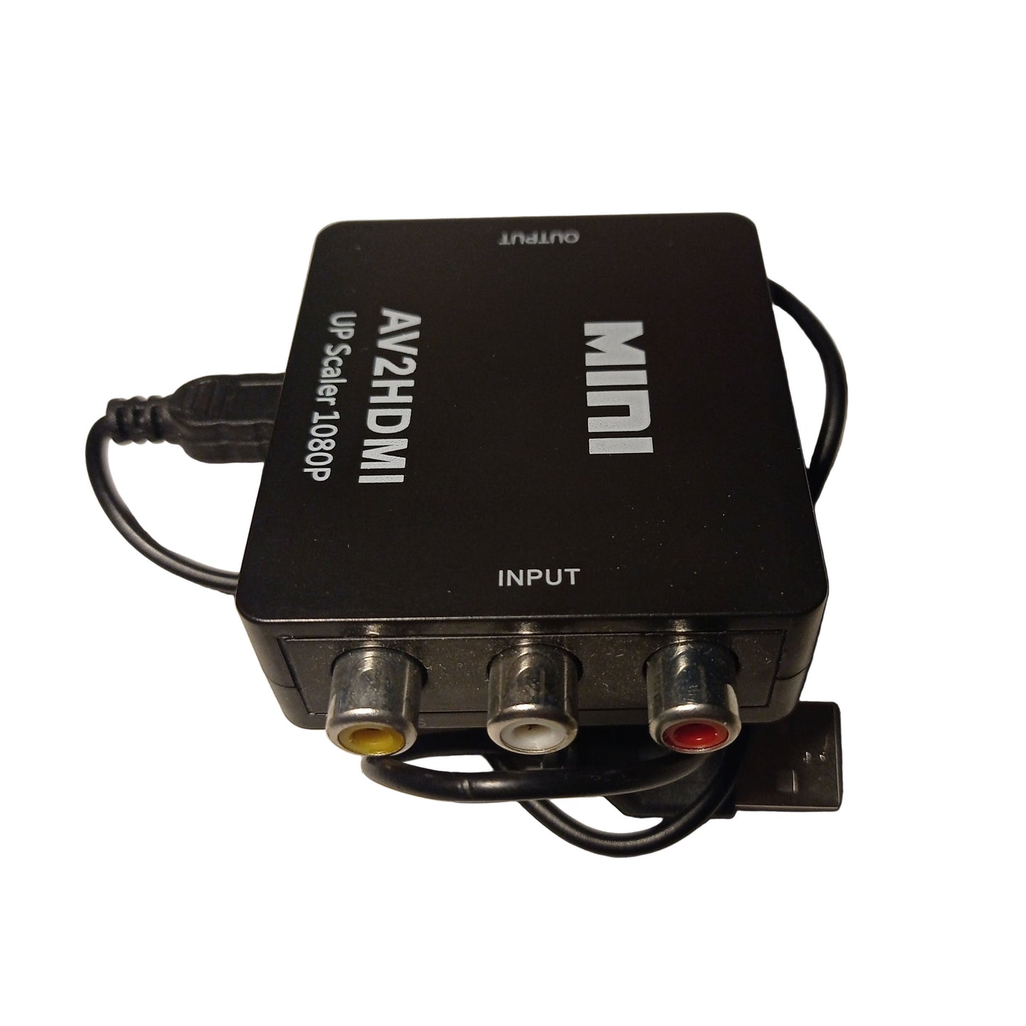AV2HDMI Up Scaler 1080P Mini Konverter - Schrägansicht mit Fokus auf die Cinch-Eingänge (Input)