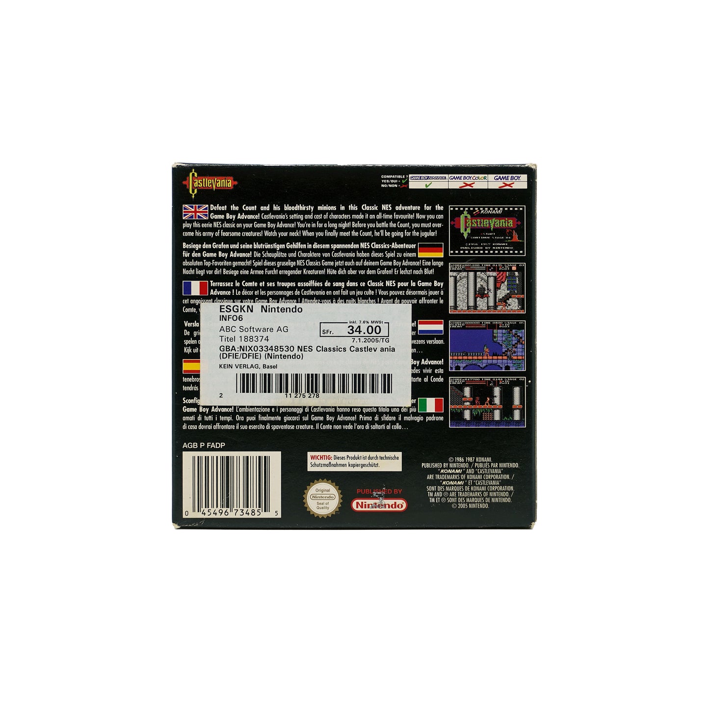 NES Classics Castlevania Spiel für Game Boy Advance in Originalverpackung - Rückseite