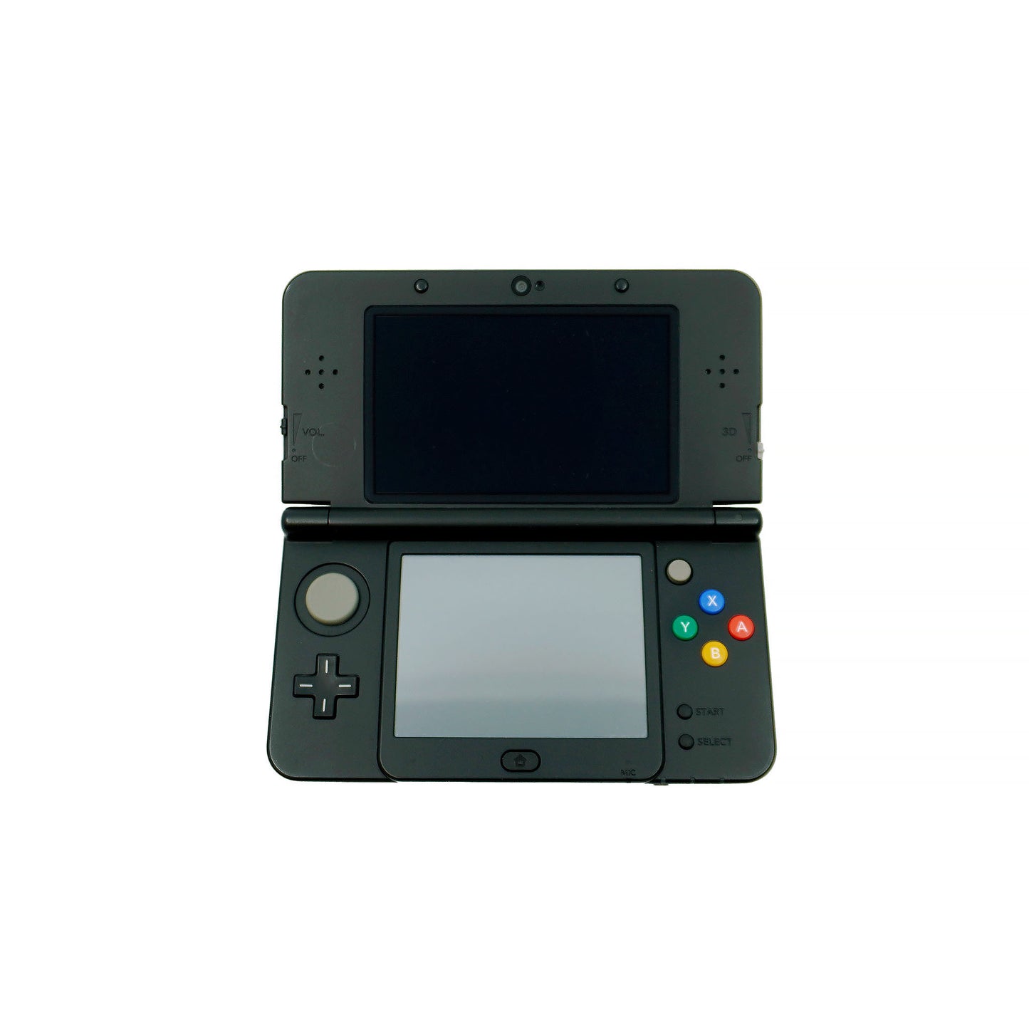 New Nintendo 3DS Konsole Schwarz aufgeklappt - Vorderansicht