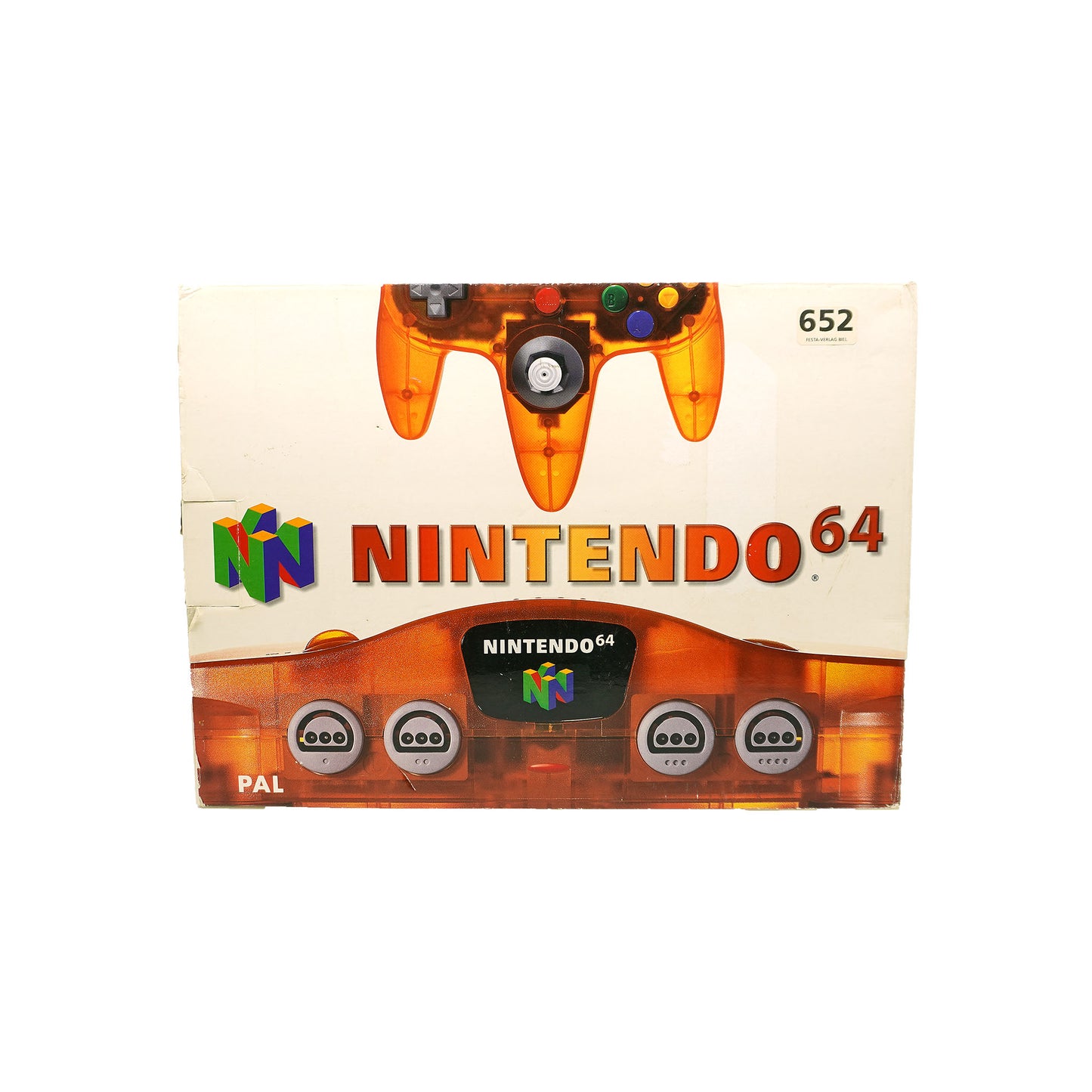 Orange Nintendo 64 Konsole in Originalverpackung - Vorderseite