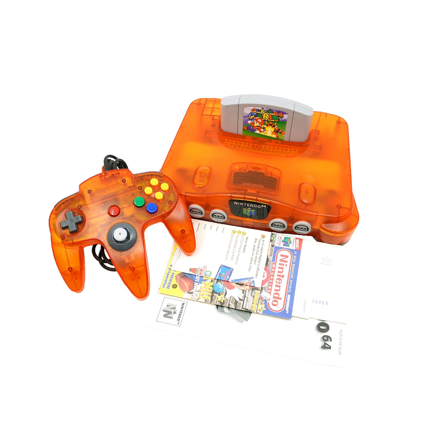 Orange Nintendo 64 Konsole mit Kontroller, Super Mario 64 und Anleitungen
