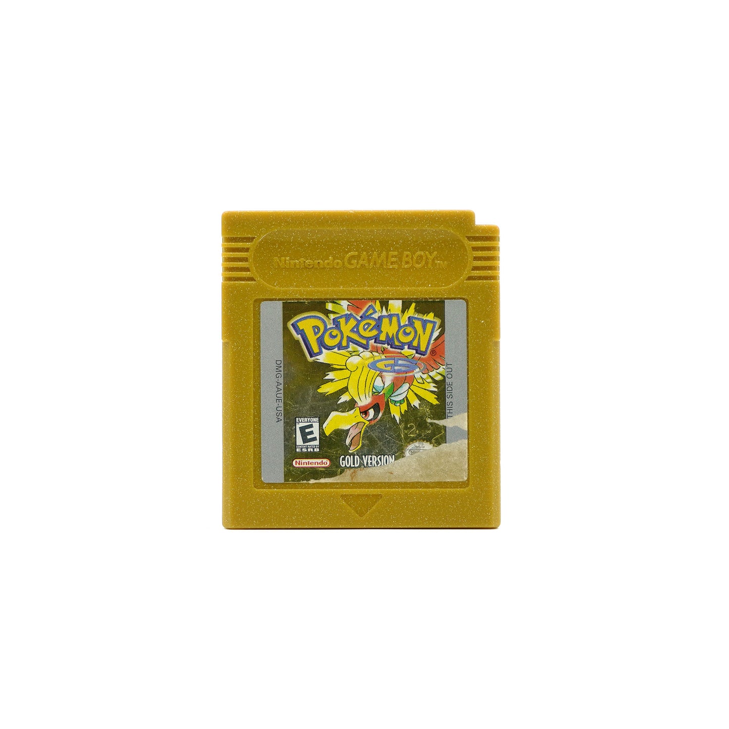 Pokémon Gold US-Version Spiel für Gameboy Color in glitzerndem, goldigen Gehäuse in stark gebrauchtem Zustand - Vorderseite