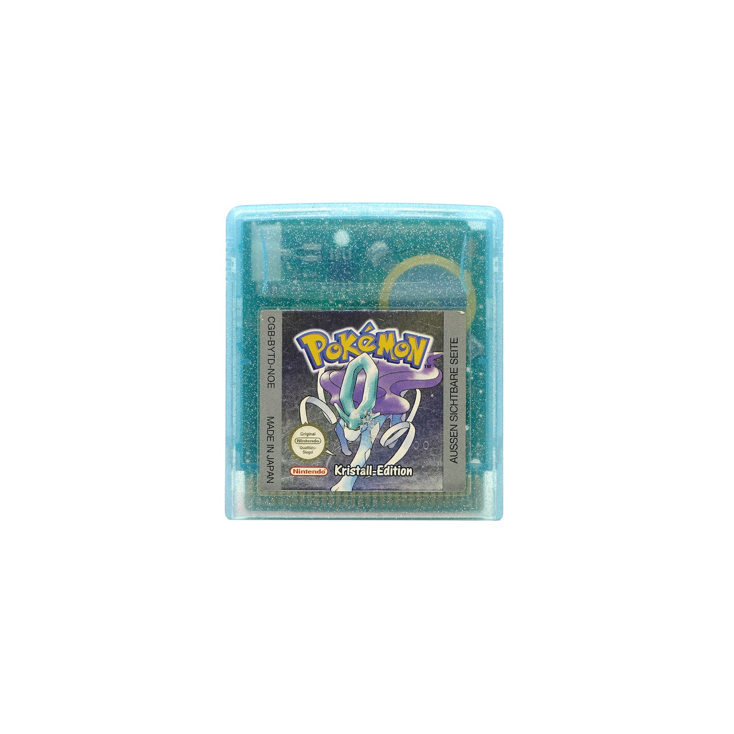 Pokémon Kristall Spiel für Gameboy Color in transparentem, glitzerndem, hellblauem Gehäuse - Vorderseite