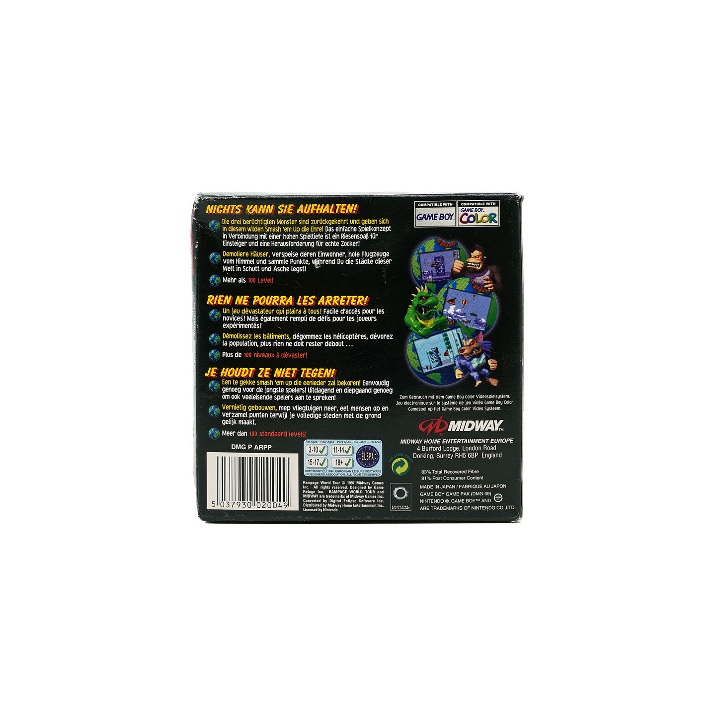Rampage World Tour Spiel für Game Boy Color in Originalverpackung - Rückseite