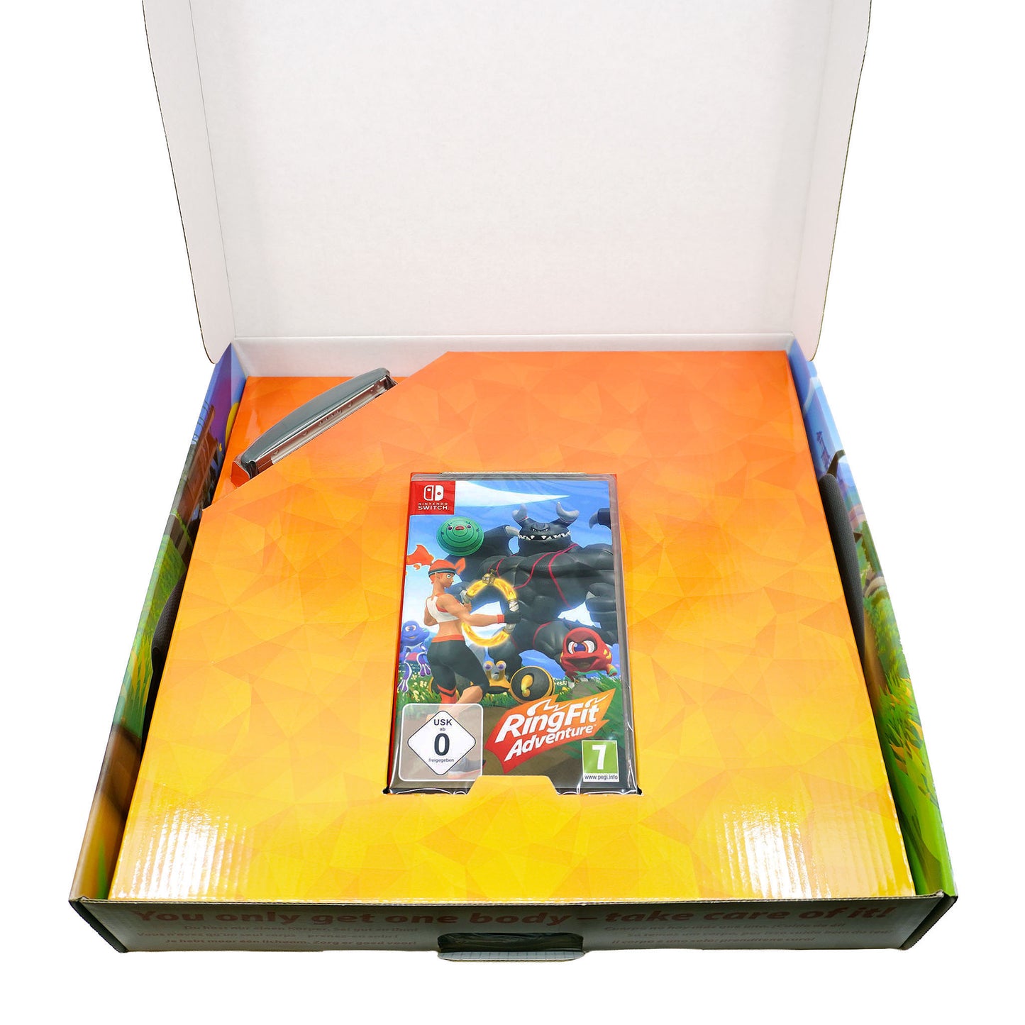 Ring Fit Adventure für Nintendo Switch – Blick in die geöffnete Big Box mit dem Spiel in Originalhülle und dem Ring-Con-Zubehör