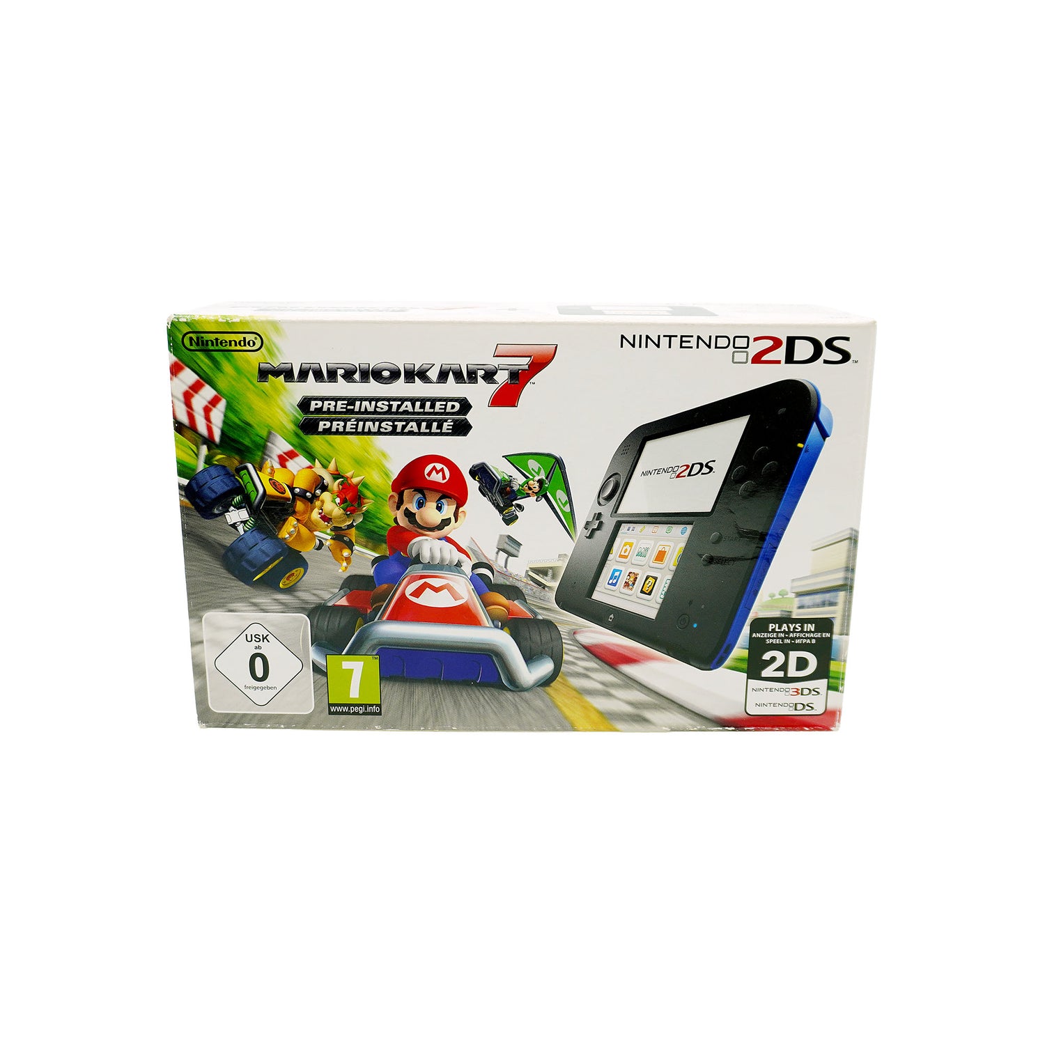 Nintendo 2DS Konsole Bundle mit Mario Kart 7 in Originalverpackung - Produktfoto Vorderseite