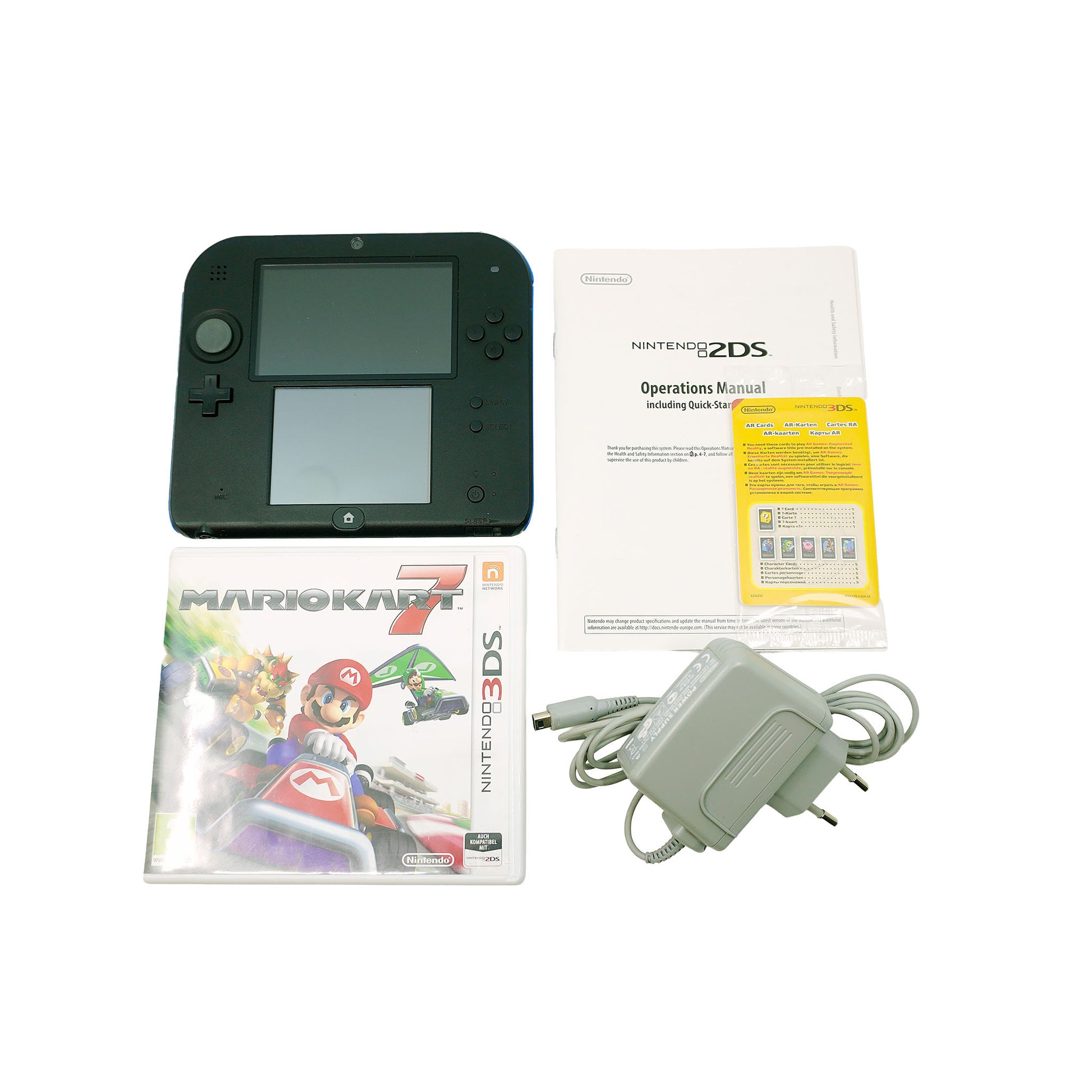 Nintendo 2DS Konsole Bundle mit Mario Kart 7 in Originalverpackung - Produktfoto gesamter Box-Inhalt