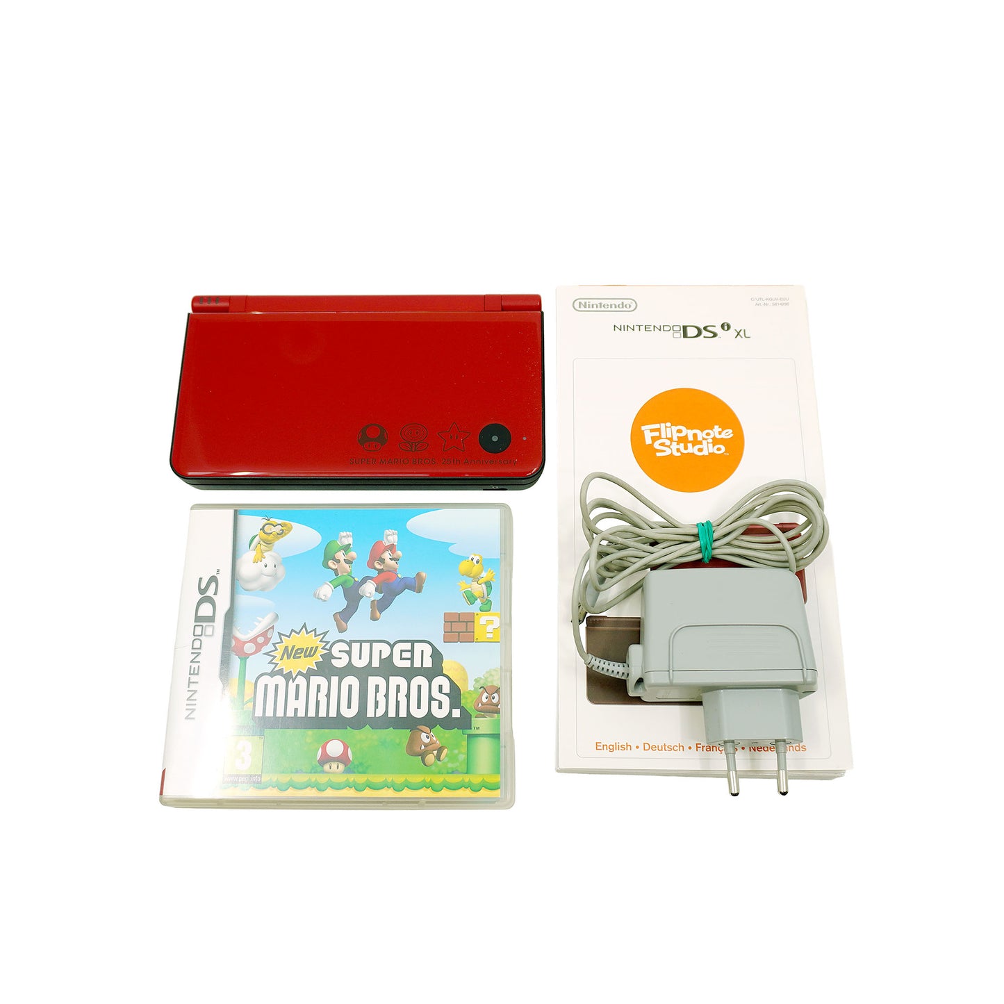 Nintendo DSi XL Konsole - Super Mario Bros. 25th Anniversary Edition in Originalverpackung - Produktfoto aller Inhalte