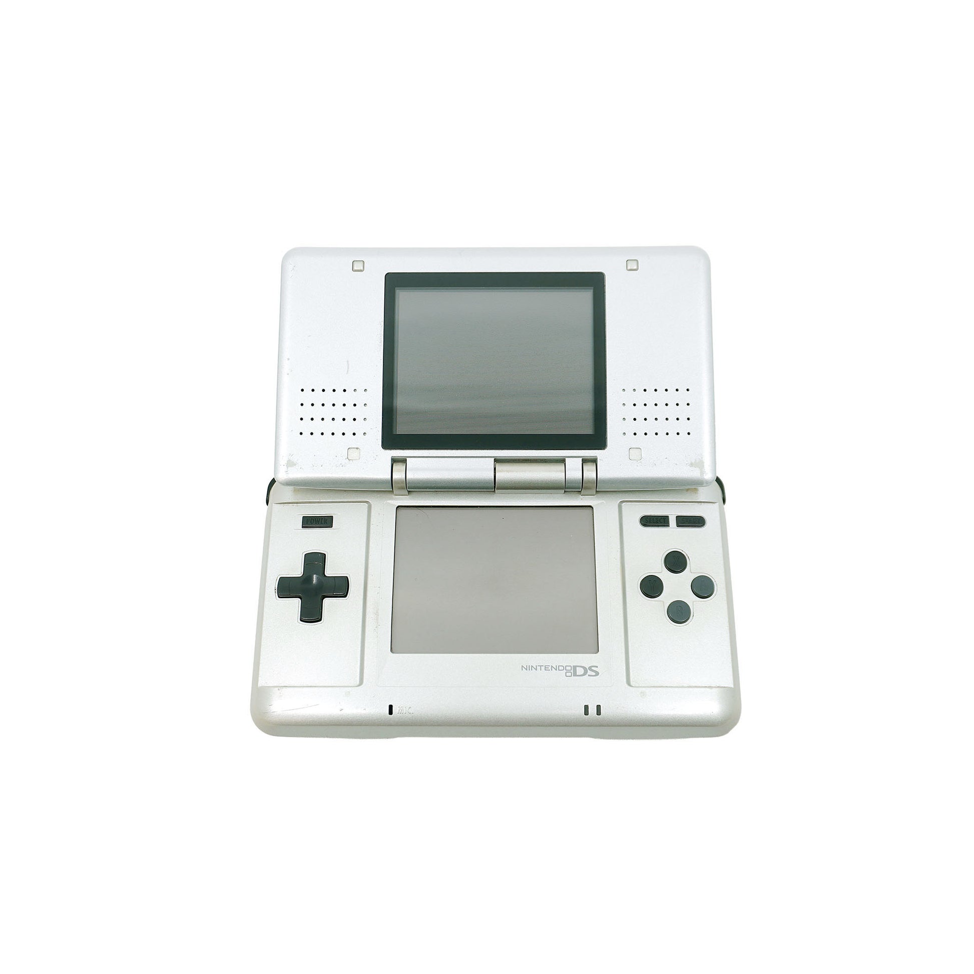 Nintendo DS Konsole Silber in gebrauchtem Zustand - Vorderansicht im geöffneten Zustand