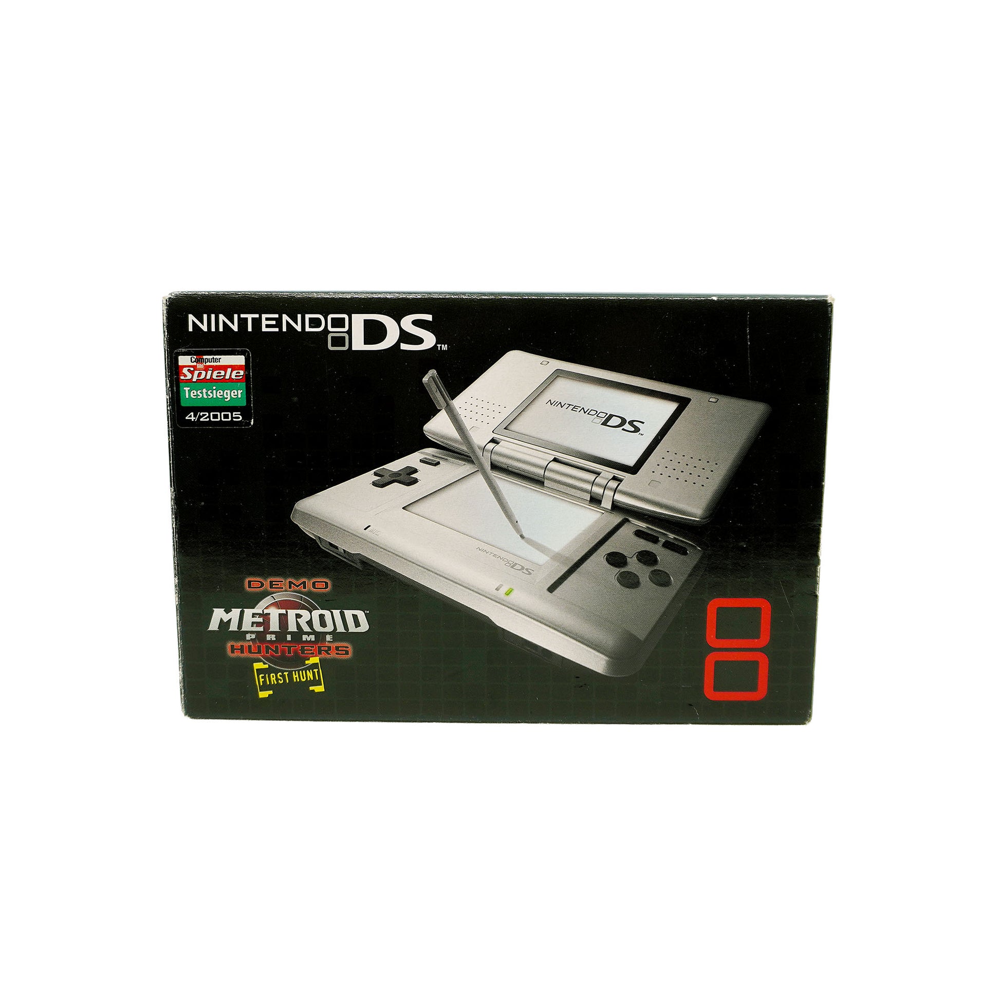 Nintendo DS Handheld-Konsole (classic) mit Metroid Prime Hunters First Hunt Demo in Originalverpackung - Produktfoto Box Vorderseite
