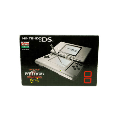 Nintendo DS Handheld-Konsole (classic) mit Metroid Prime Hunters First Hunt Demo in Originalverpackung - Produktfoto Box Vorderseite