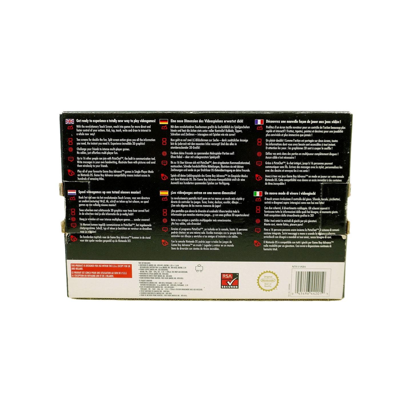 Nintendo DS Handheld-Konsole (classic) mit Metroid Prime Hunters First Hunt Demo in Originalverpackung - Produktfoto Box Rückseite