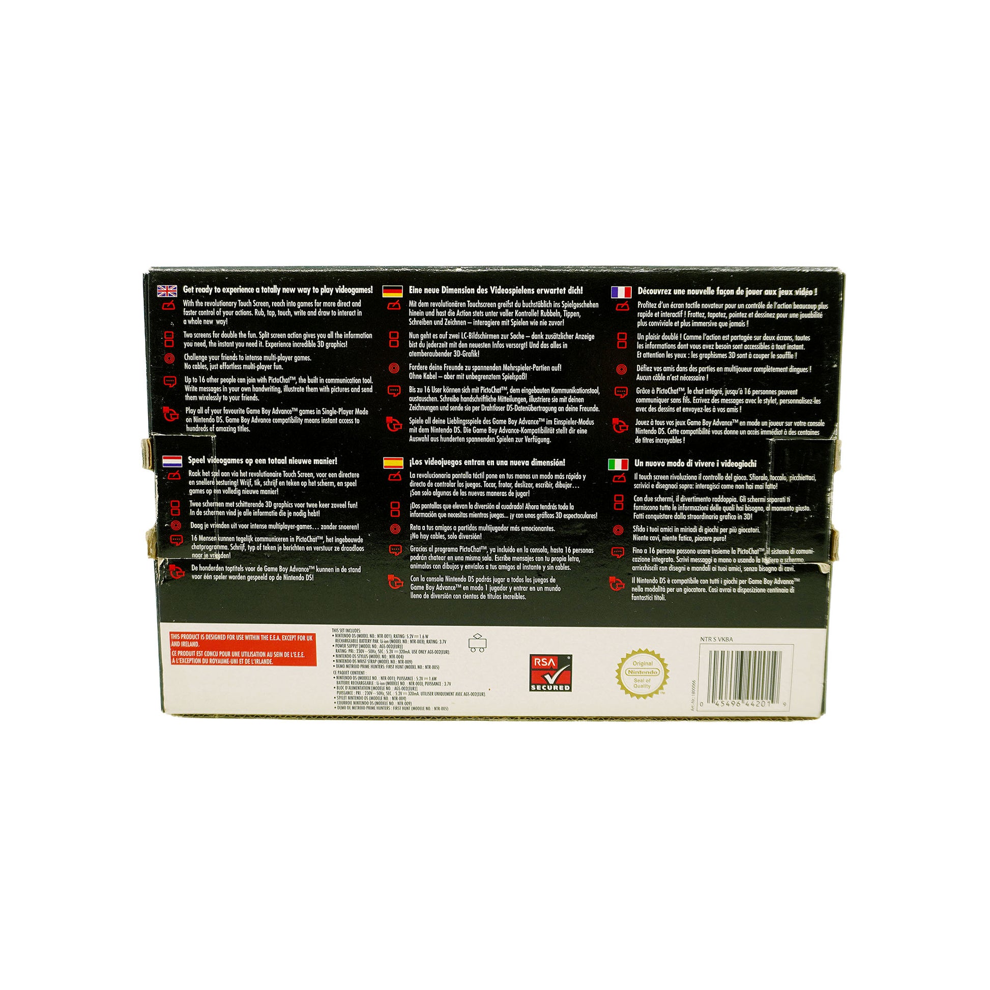 Nintendo DS Handheld-Konsole (classic) mit Metroid Prime Hunters First Hunt Demo in Originalverpackung - Produktfoto Box Rückseite
