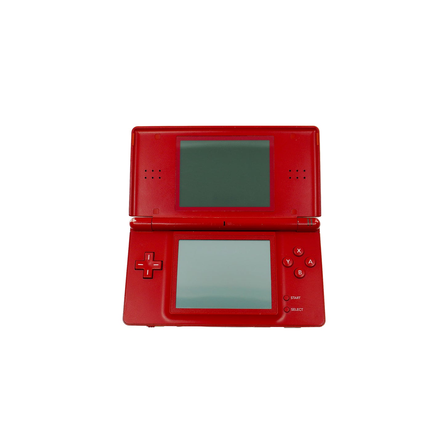 Nintendo DS Lite Konsole in Rot in gebrauchtem Zustand - Vorderansicht geöffnet