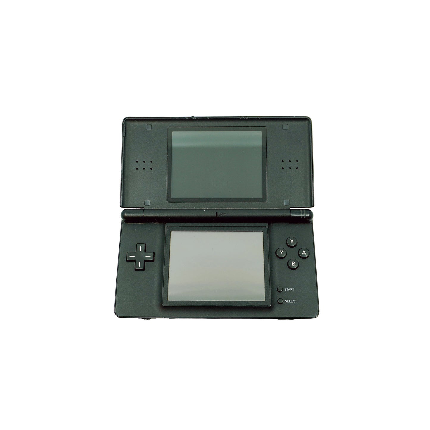 Nintendo DS Lite Konsole in Schwarz in stark gebrauchtem Zustand - Vorderansicht geöffnet
