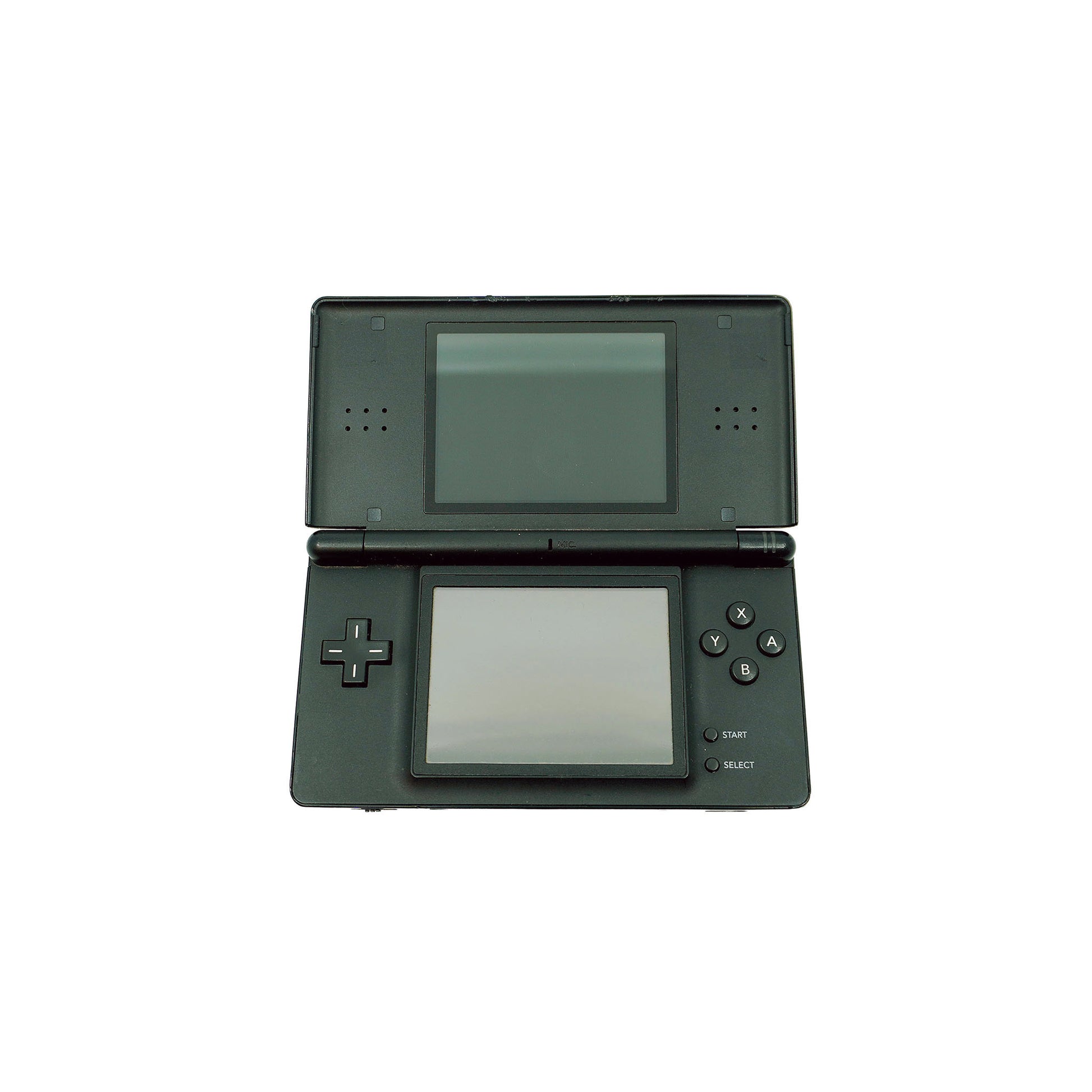 Nintendo DS Lite Konsole in Schwarz in stark gebrauchtem Zustand - Vorderansicht geöffnet
