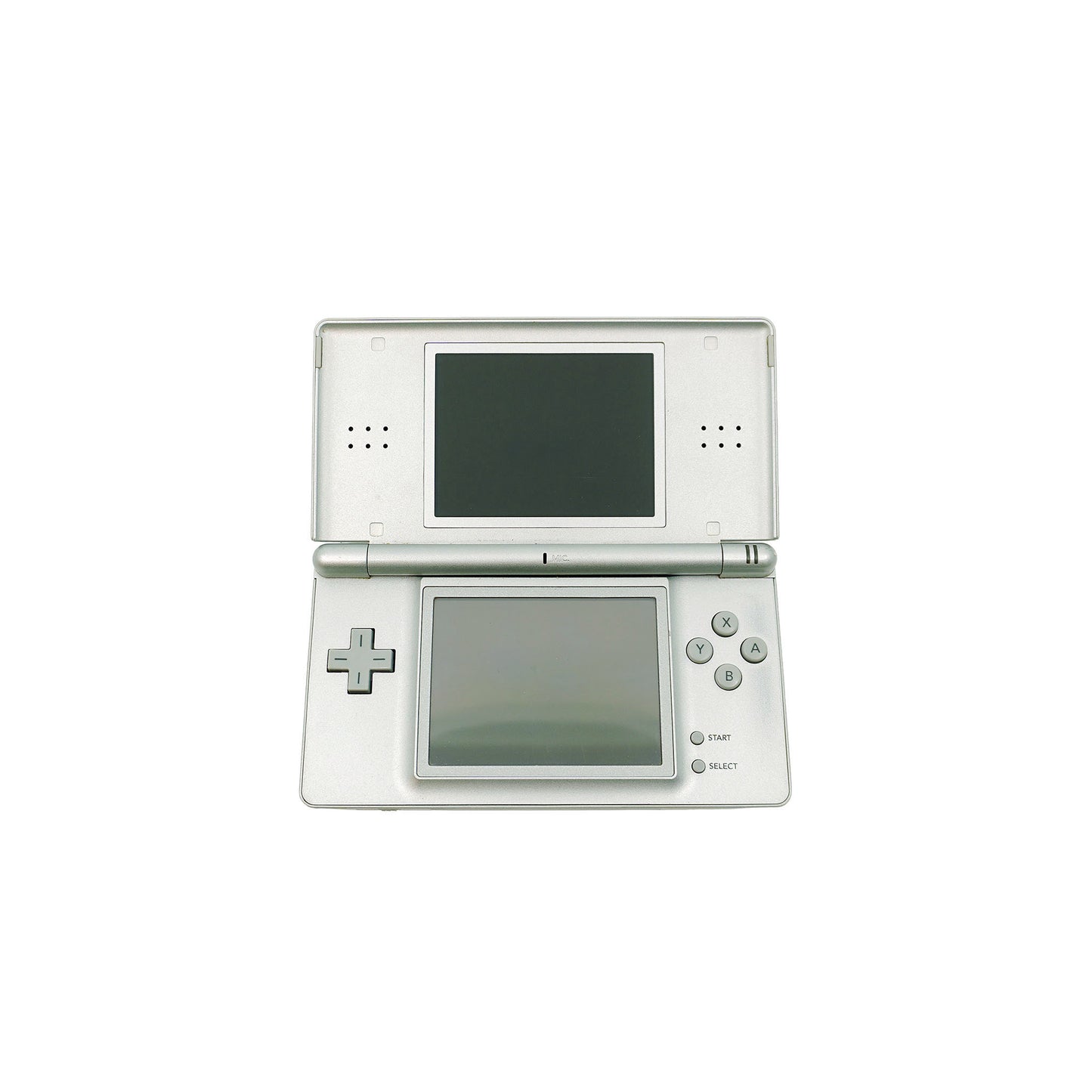 Nintendo DS Lite Konsole in Silber in stark gebrauchtem Zustand - Vorderansicht geöffnet
