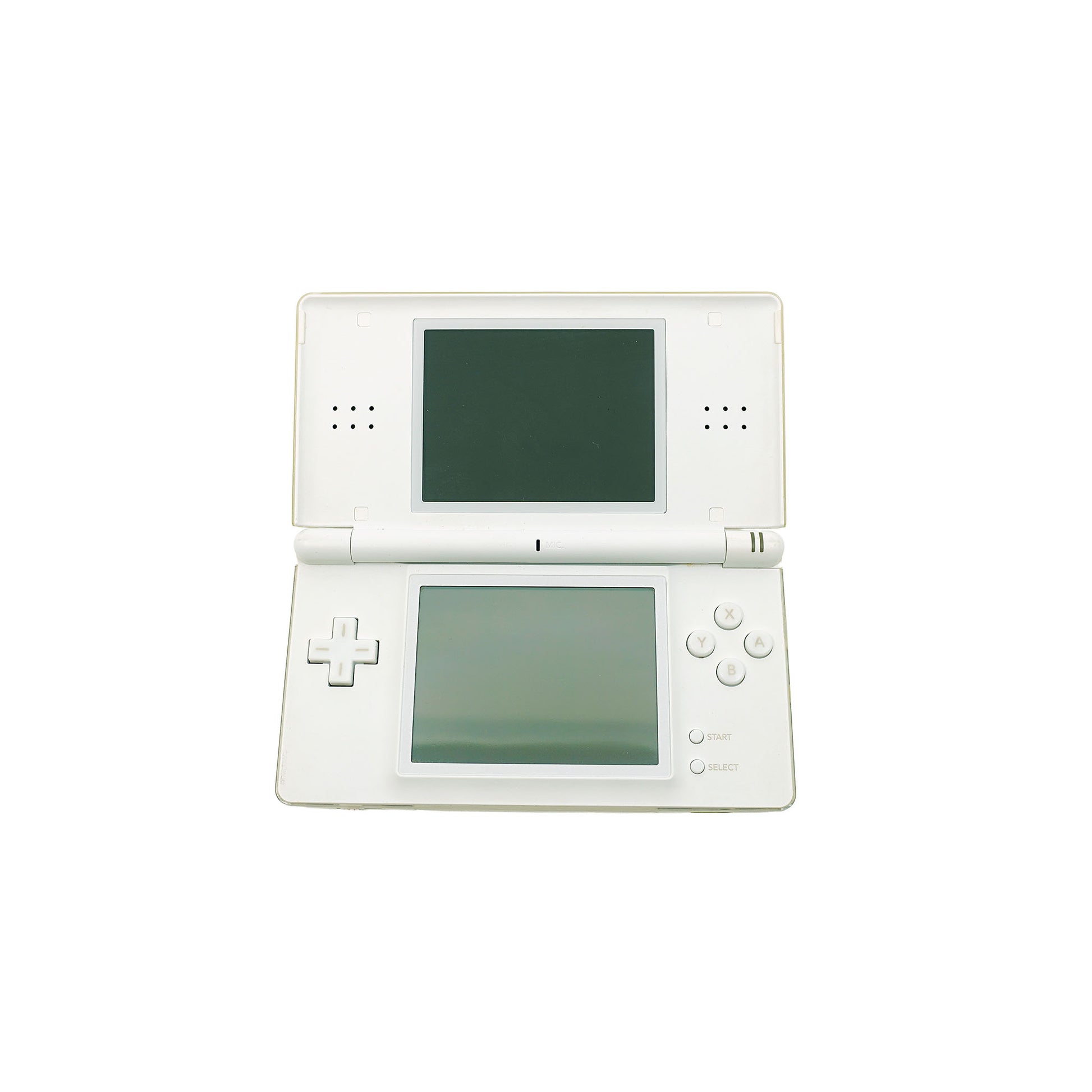 Nintendo DS Lite Konsole in Weiss in gebrauchtem Zustand - Vorderansicht geöffnet