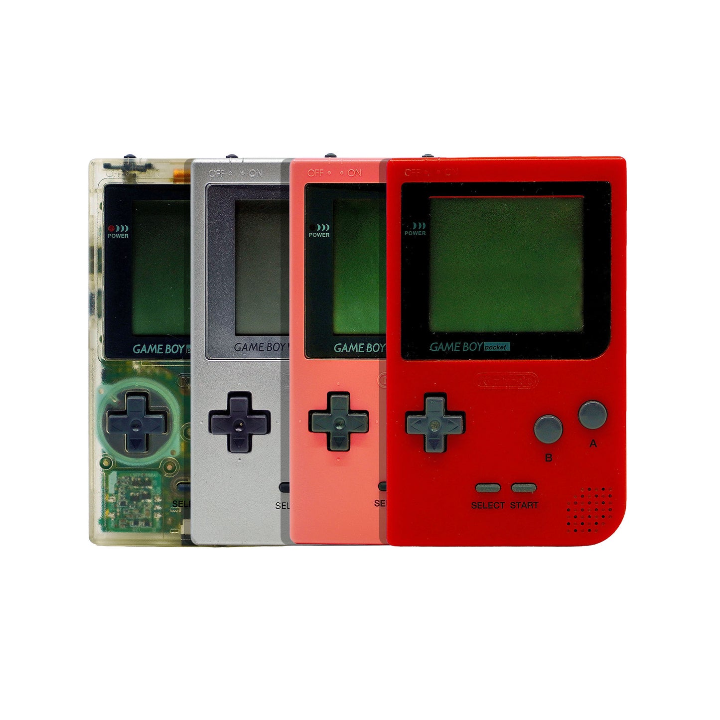 Nintendo Game Boy Pocket Konsolen in Transparent-Klar, Silber, Rosa und Rot - Gruppenansicht