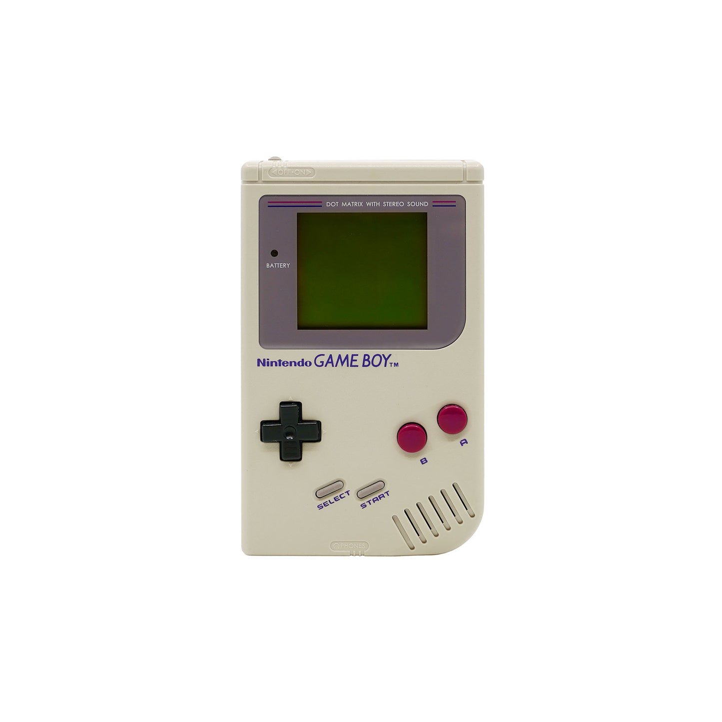 Game Boy Classic Konsole in grau in leicht vergilbtem Zustand - Vorderseite