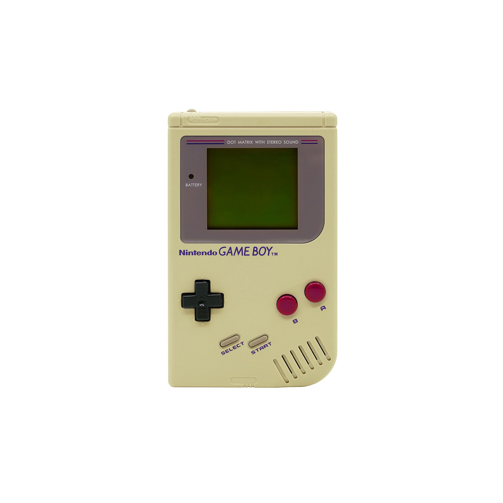 Game Boy Classic Konsole in grau in stark vergilbtem Zustand - Vorderseite