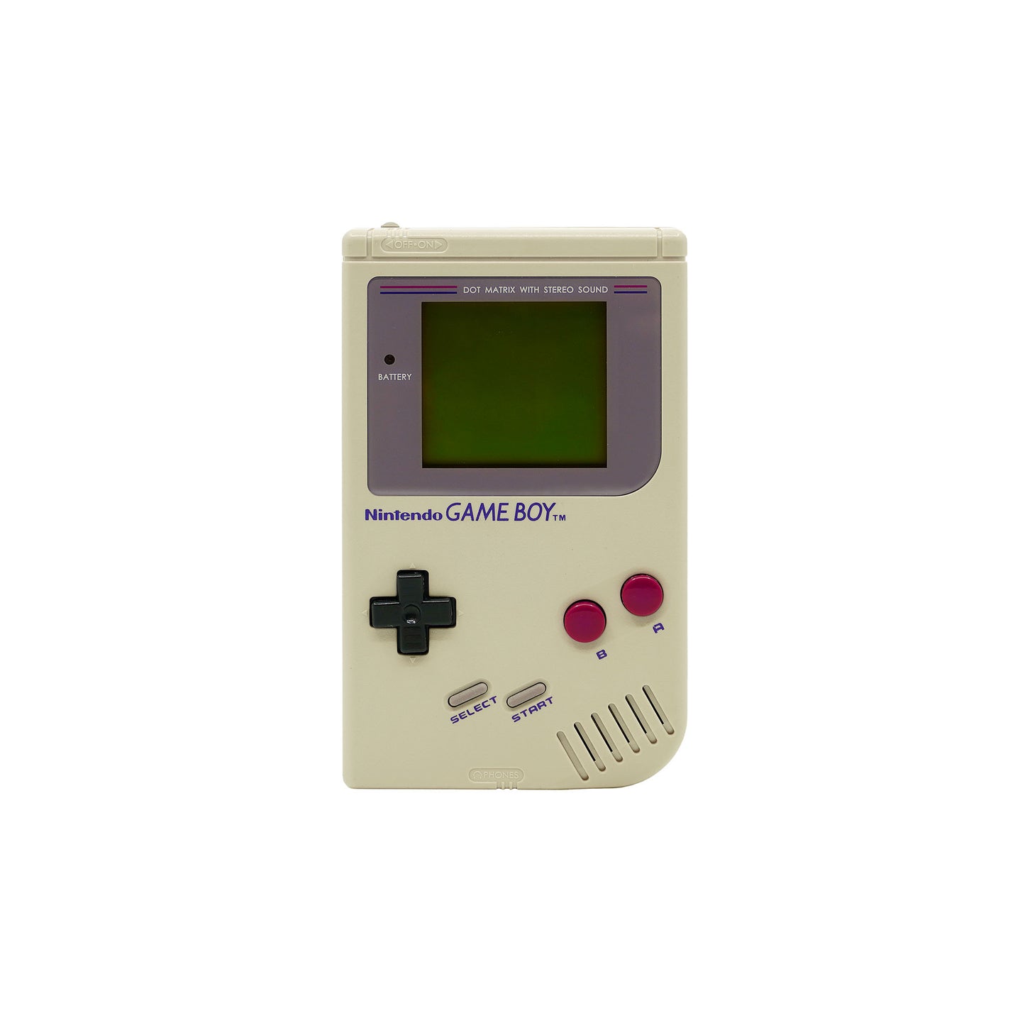 Game Boy Classic Konsole in grau in vergilbtem Zustand - Vorderseite