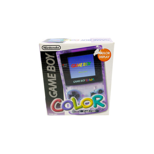 Originalverpackung eines Game Boy Color in der Farbe Atomic Purple (Transparent-Lila) – japanische Version (CGB-001) - Vorderseite