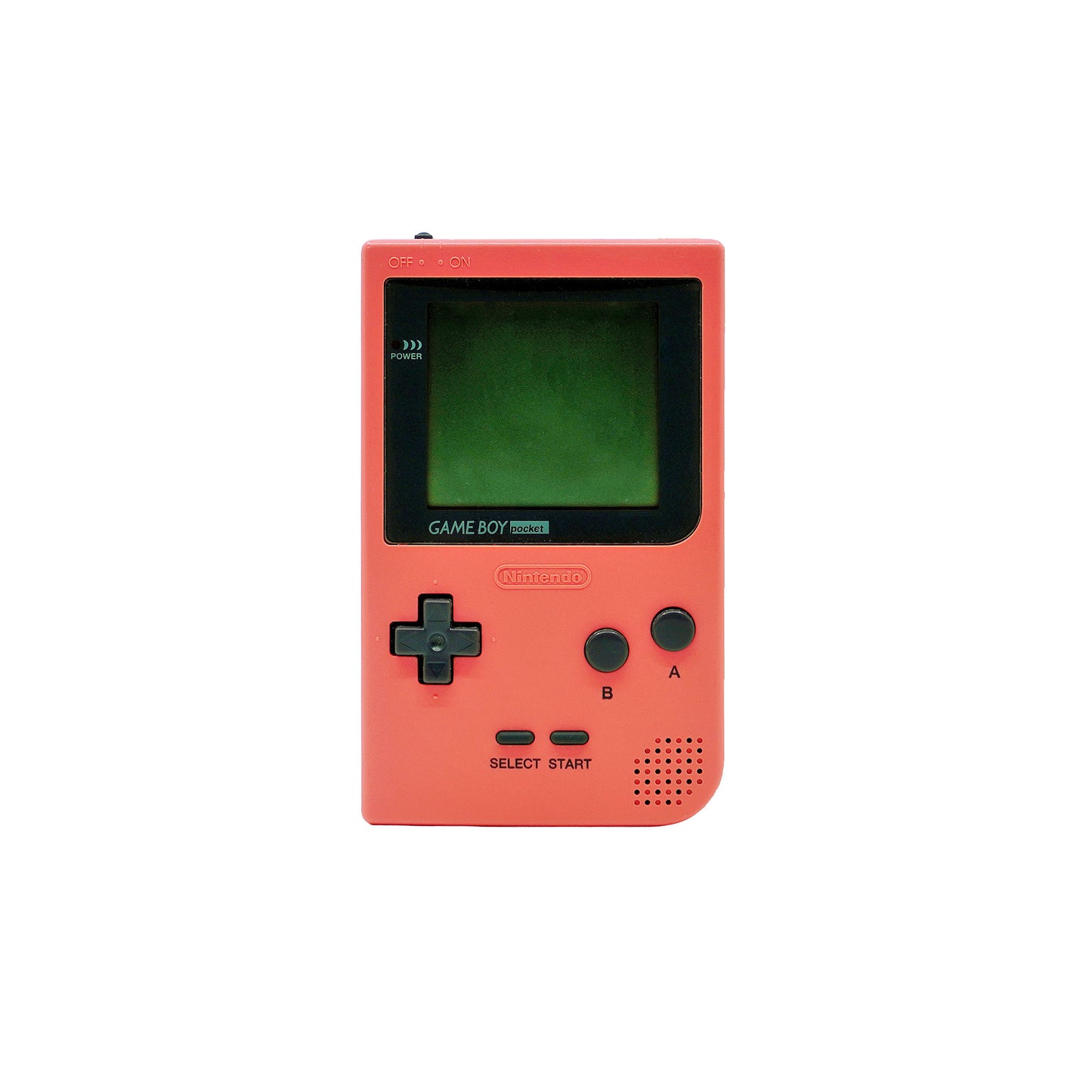 Nintendo Game Boy Pocket Konsole in gebrauchtem, vergilbtem Zustand in Rosa - Vorderseite