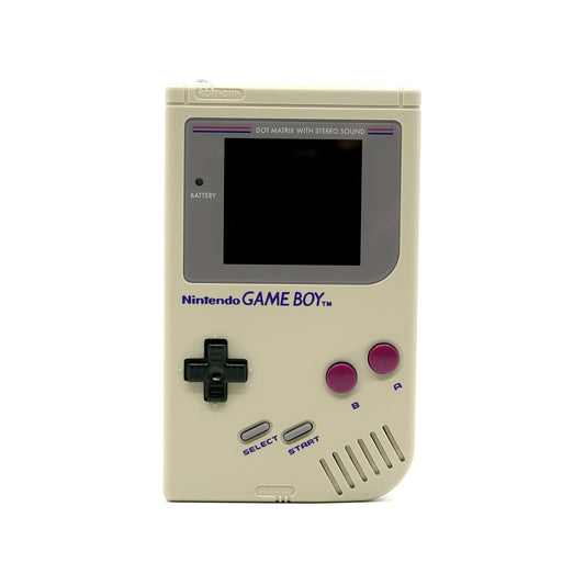 Hellgrauer, gemoddeter Game Boy Classic mit schwarzem Steuerkreuz, roten A-/B-Buttons und grauen Select-/Start-Buttons - Vorderseite
