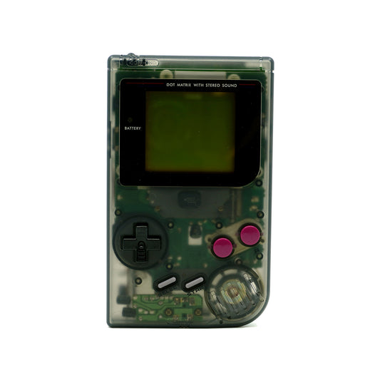 Transparenter Game Boy Classic mit schwarzem Steuerkreuz, roten A-/B-Buttons und grauen Start-/Select-Buttons - Vorderseite