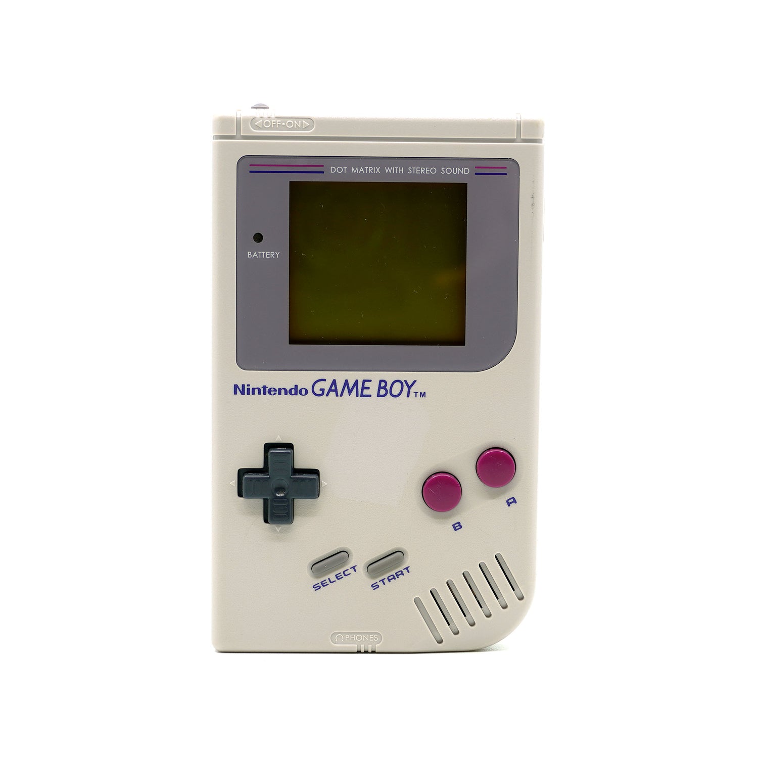 Hellgrauer Game Boy Classic mit schwarzem Steuerkreuz, roten A-/B-Buttons und grauen Select-/Start-Buttons in sehr gutem Zustand - Vorderseite