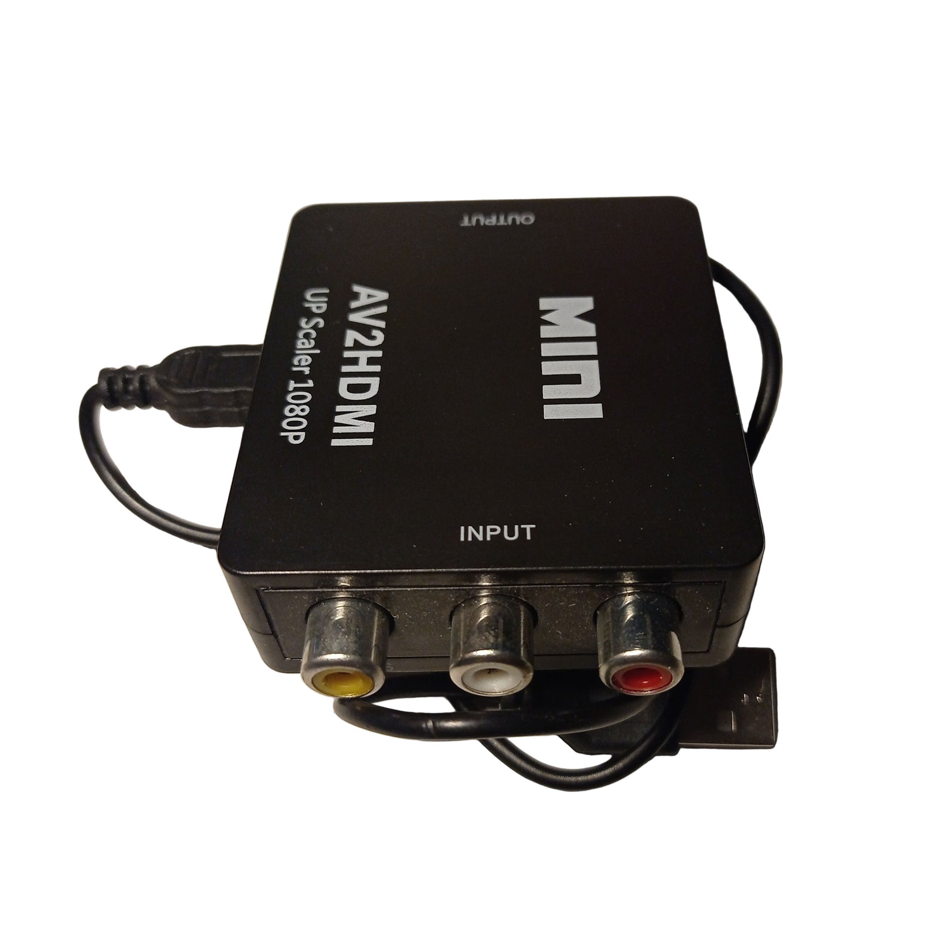 AV2HDMI Up Scaler 1080P Mini Konverter - Schrägansicht mit Fokus auf die Cinch-Eingänge (Input)