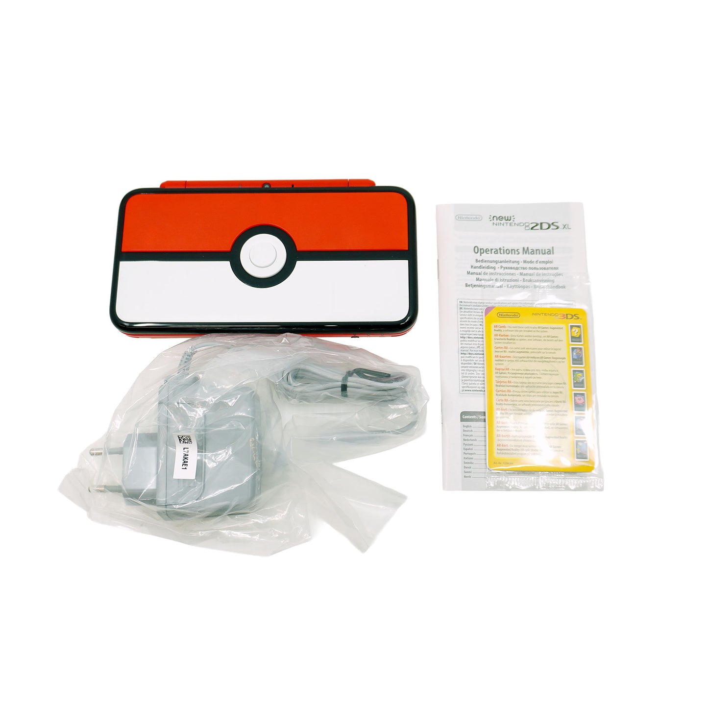 New 2DS XL Konsole als Pokéball Edition in Originalverpackung - Produktfoto alle Inhalte