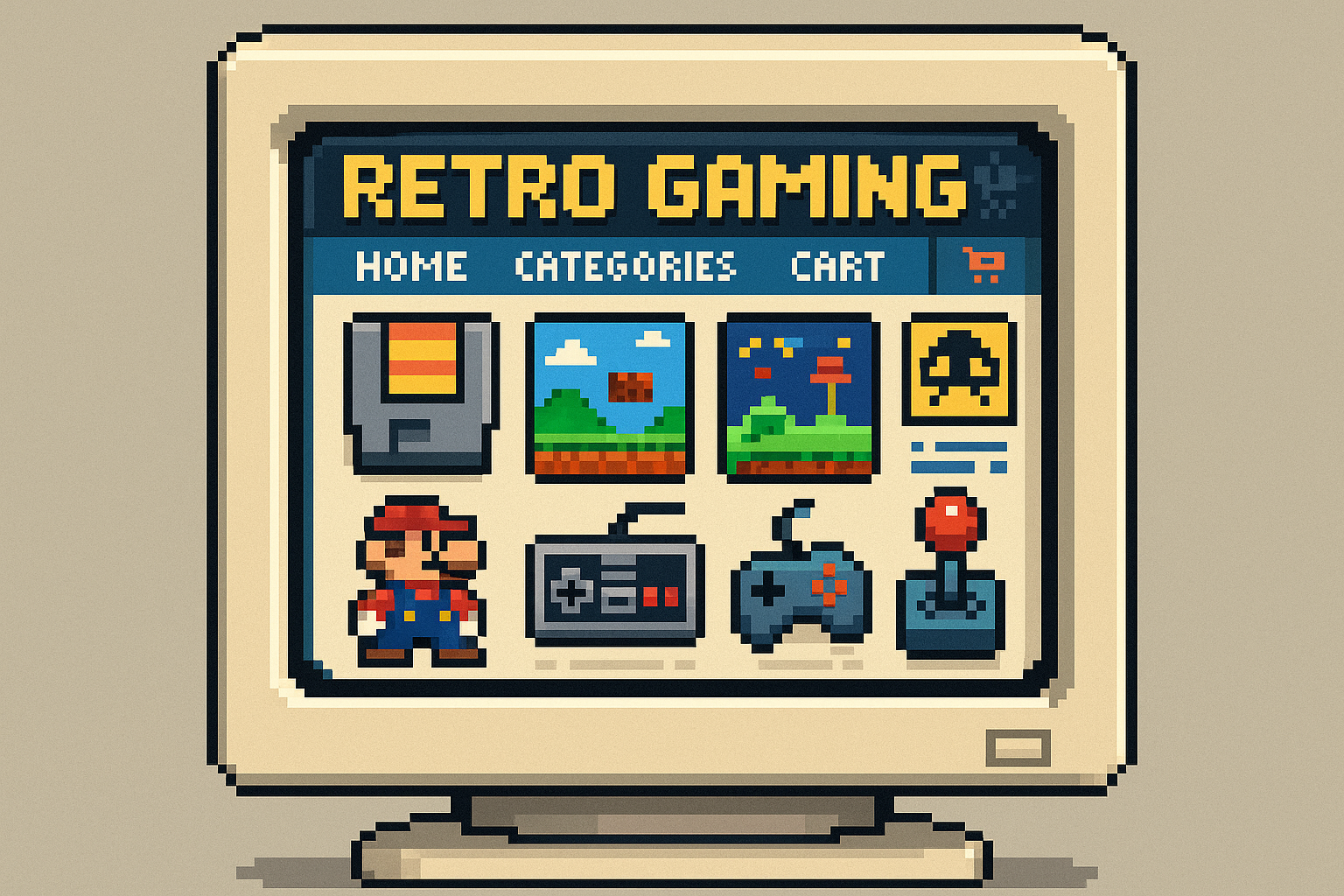Pixel Art Bild eines CRT-Monitors, der einen Retro Webshop zeigt als Symbol für den Zockbar-Webshop
