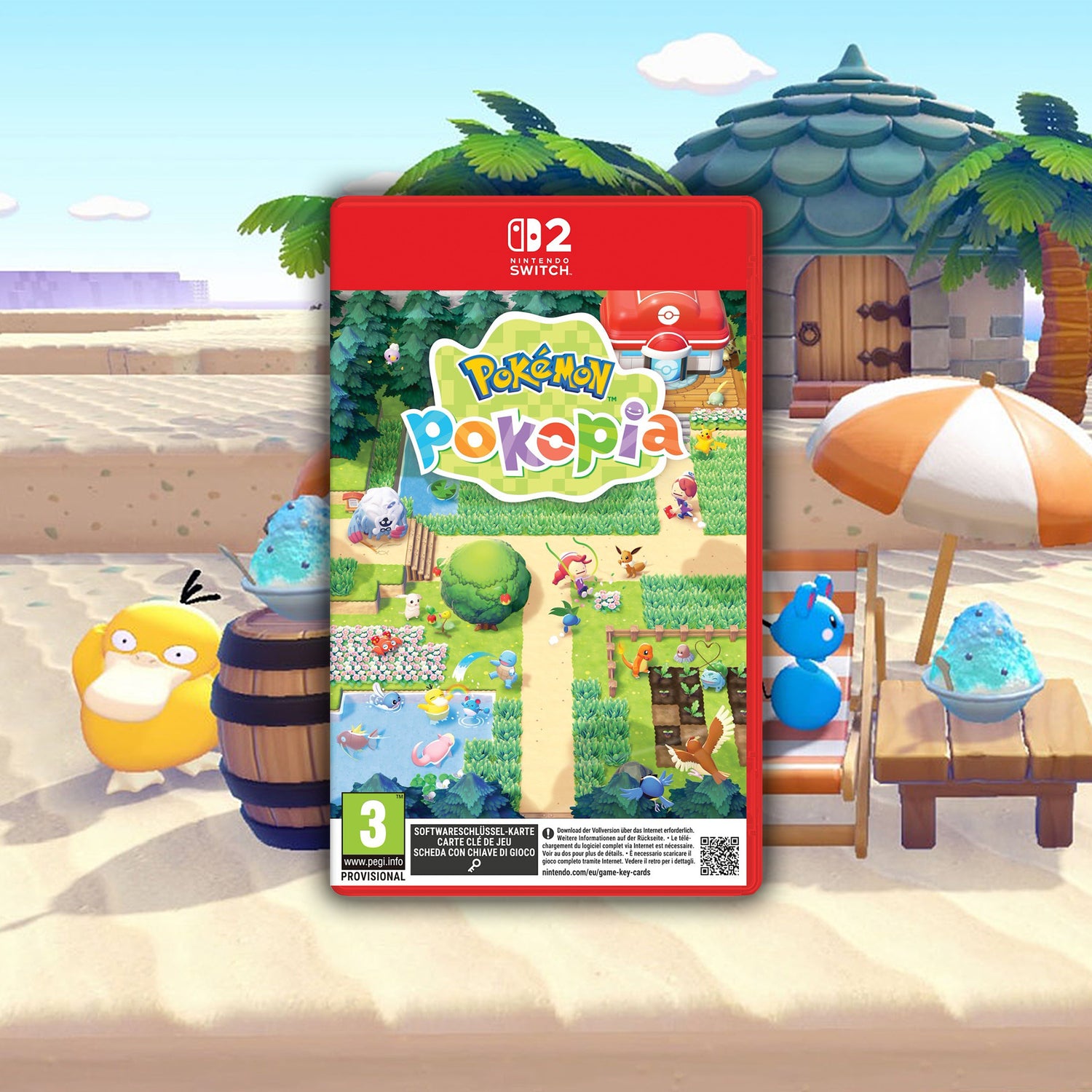Pokémon Pokopia für Switch 2 in Originalverpackung auf stimmigem Hintergrundbild aus dem Spiel