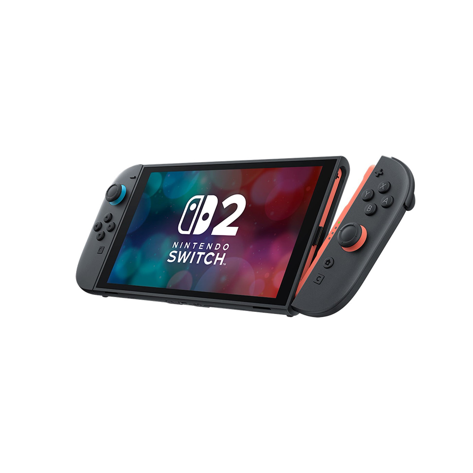 Nintendo Switch 2 Konsole mit einem teilweise angesetzten Joy-Con-2-Controller - Schrägansicht