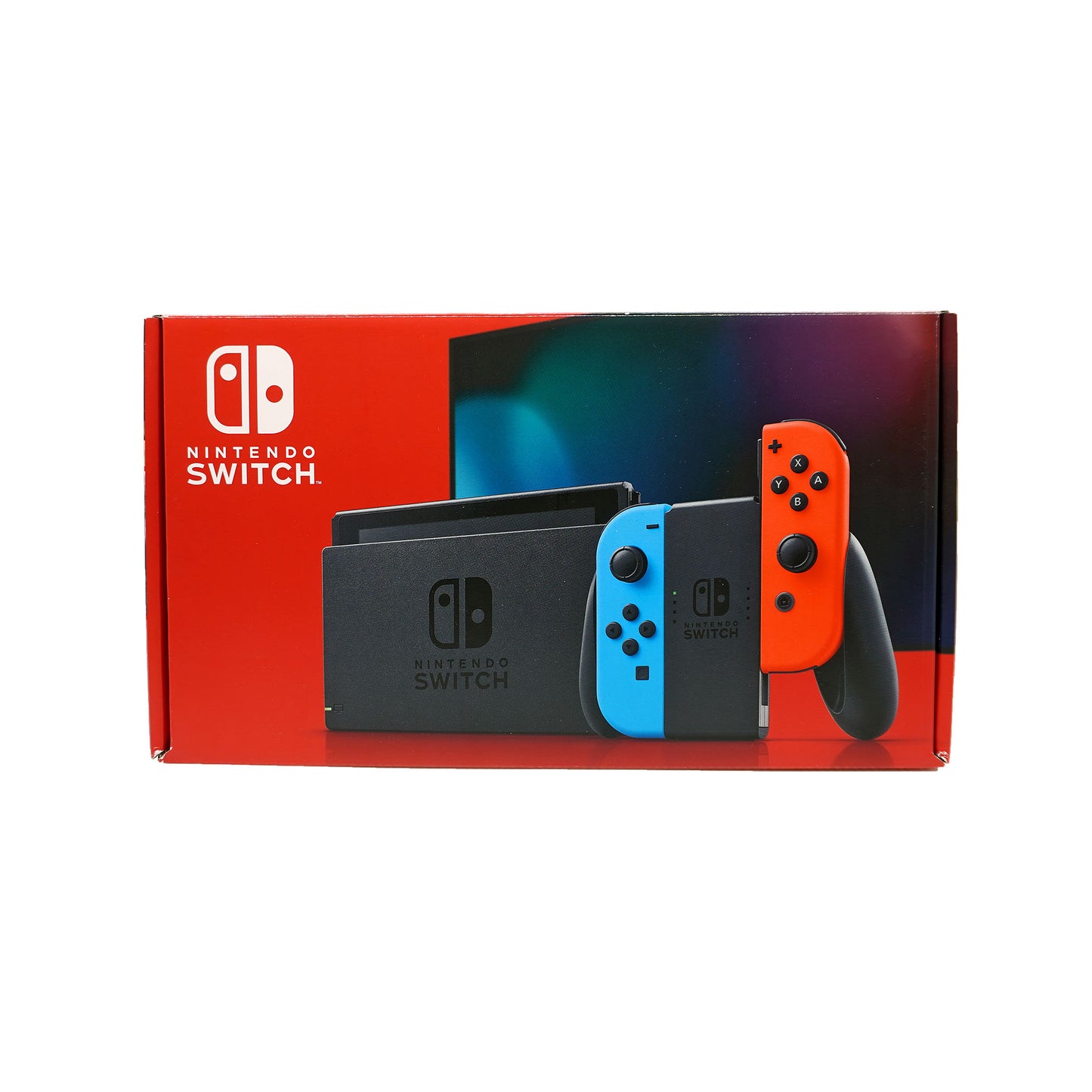 Switch Konsole mit neonblauen und neonroten Joy-Cons in Originalverpackung