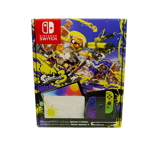 Nintendo Switch OLED Konsole als Splatoon 3 Edition in Originalverpackung - Produktfoto Box Vorderseite