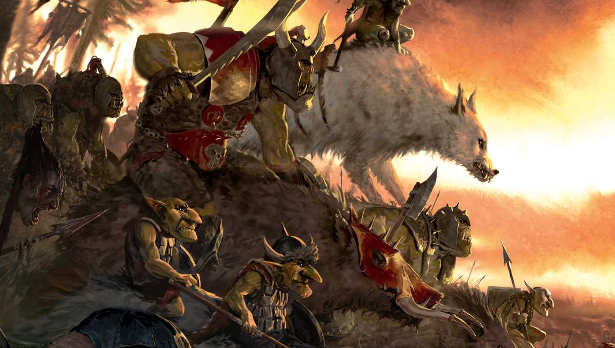 Warhammer Stimmungsbild mit Orks und Goblins auf Reittieren