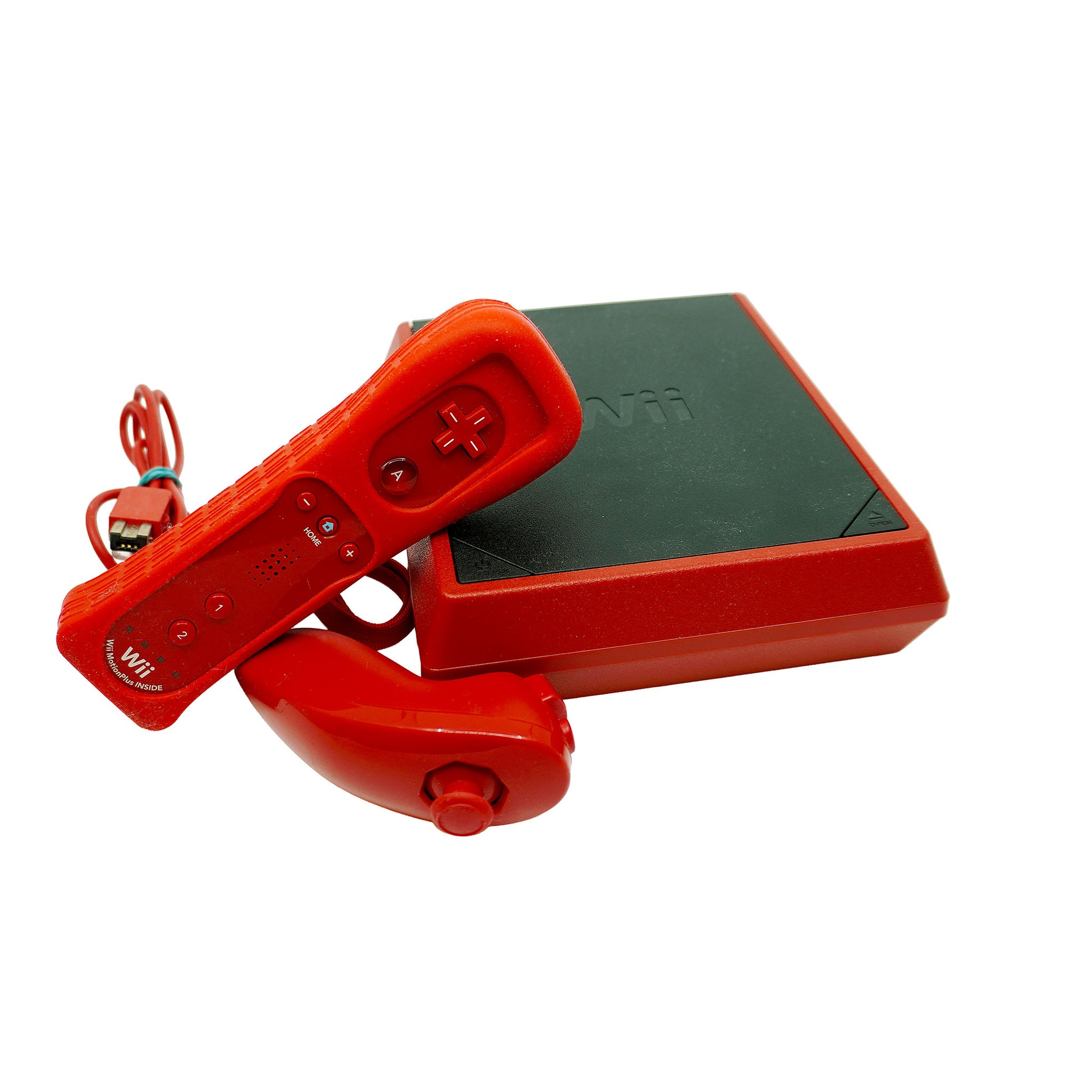 Nintendo Wii Mini Konsole in schwarz/rotem Design inkl. Wii Mote und Nunchuck - Produktfoto Konsole und Controller